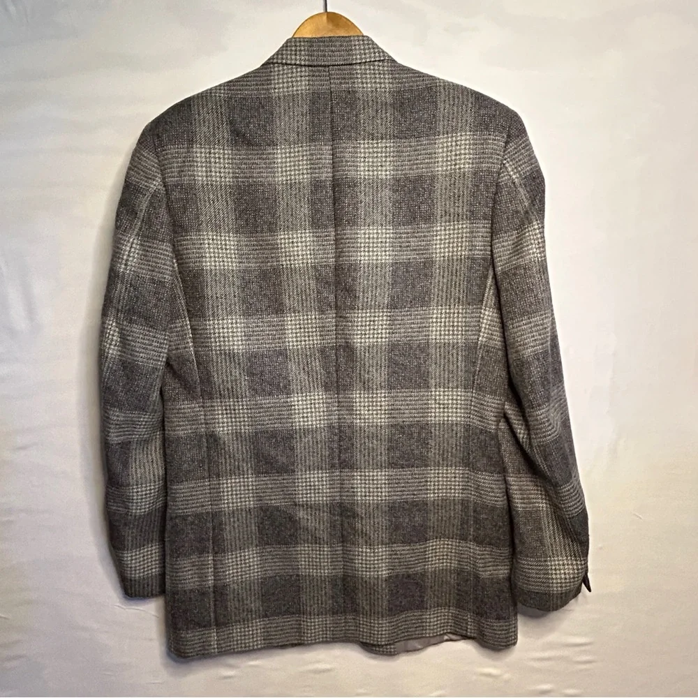 Vintage Neiman Marcus Gray Plaid Windowpane Blazer Sport Coat 43R Wool Tweed‎